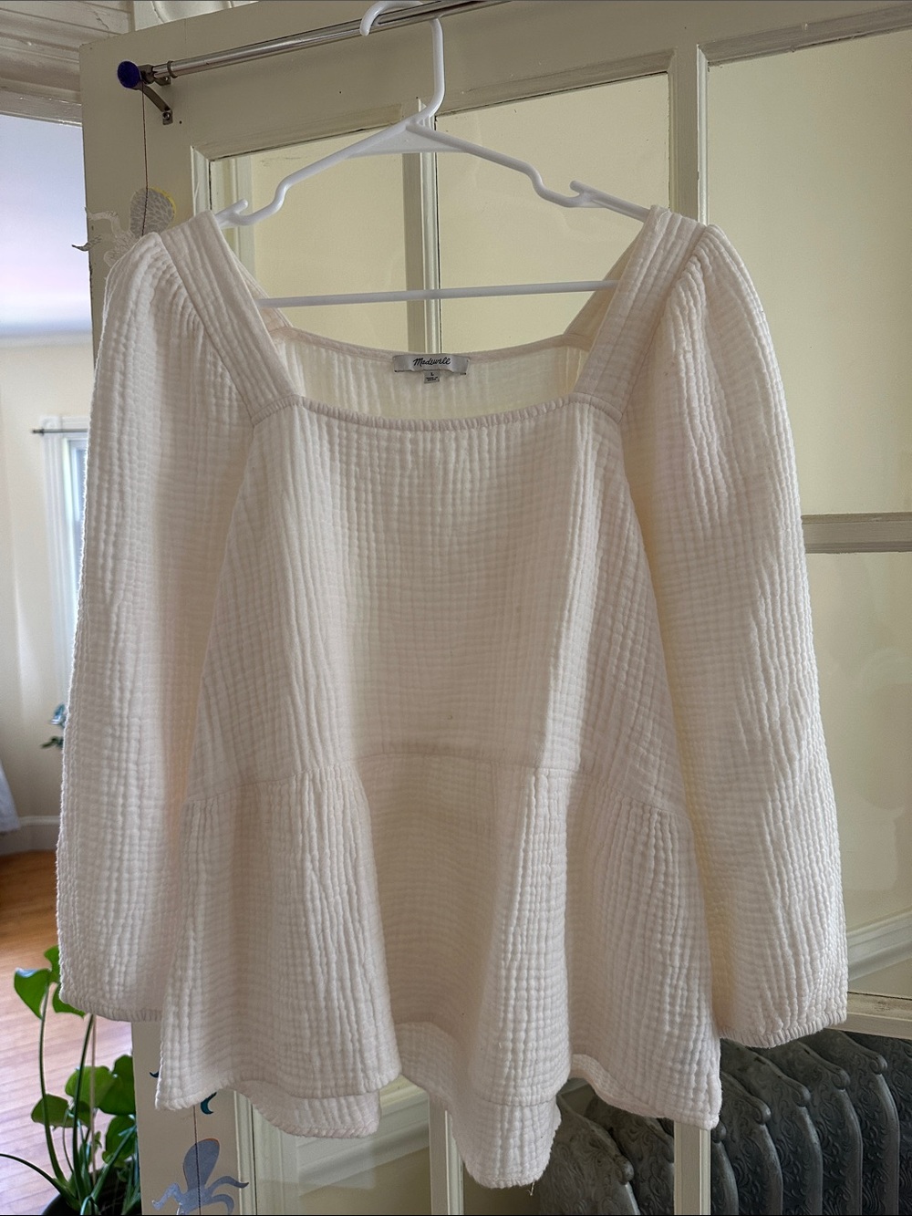 Madewell Cream Textured Square-Neck Peplum Blouse